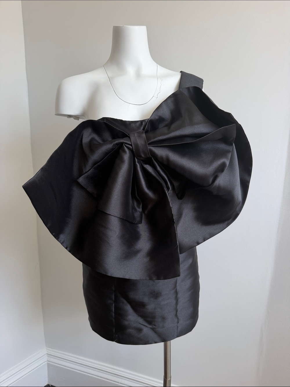 Nasty Gal Black One-Shoulder Satin Mini Dress with Statement Bow